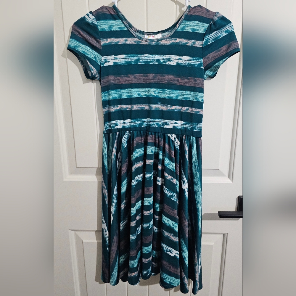 Dot Dot Smile Teal Pink and Gray Striped Kids Dress Size 8/10